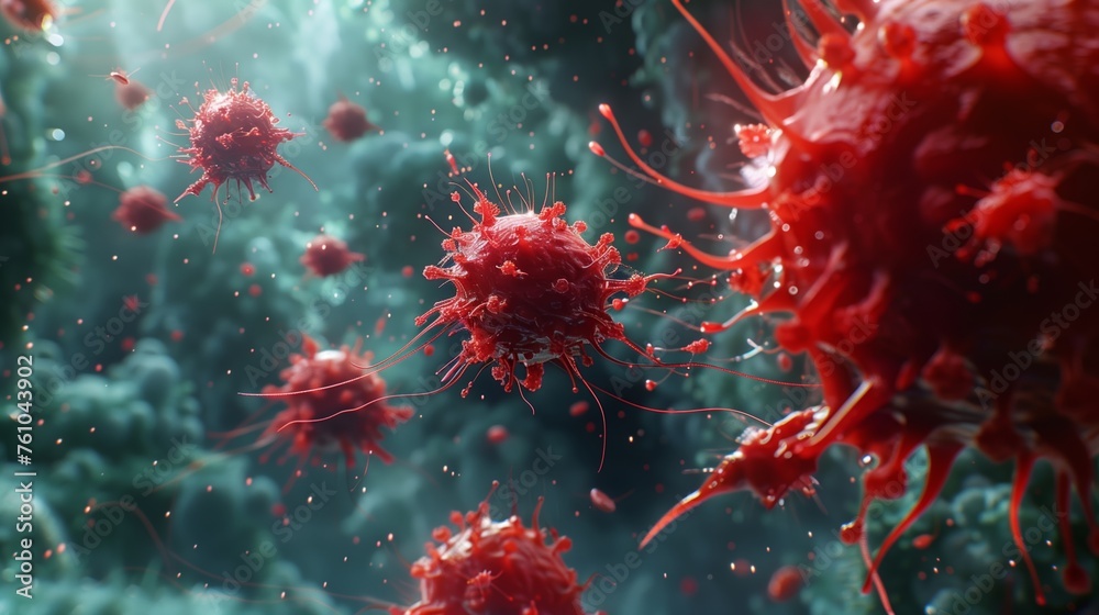 Conceptual depiction of immune cells releasing cytokines and antibodies to combat viral infections, showcasing immune defense mechanisms. Immunology concept
