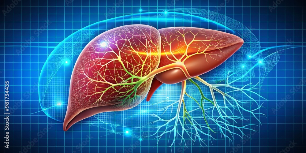 Illustration of a liver with blood vessels and bile ducts highlighting the liver function tests such as alanine transaminase and aspartate transaminase in a bright blue background with a subtle grid