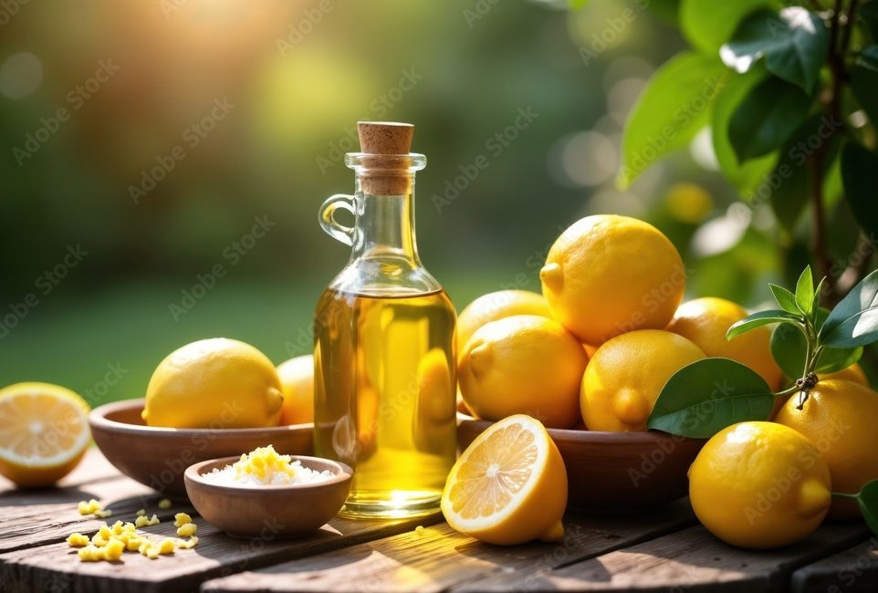 Fresh lemons, lemon oil displayed outdoors under sunlight. Ripe yellow lemons sit in rustic bowl. Bottle of lemon oil beside on wooden table. Lemon zest in small bowl. Natural organic citrus fruits,